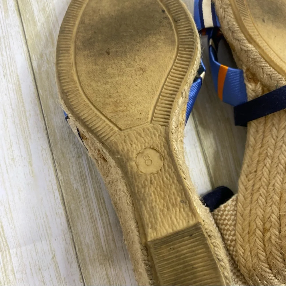 J. Crew Blue Striped Marianne Wrap Ankle Espadrille Wedge Sandals